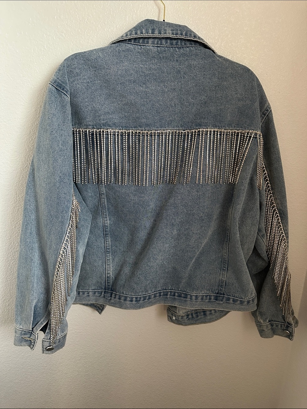 Denim Jacket with Silver Fringe Embellishment - Light Blue